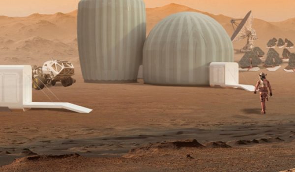 Rendering of dome-shaped buildings on Martian landscape