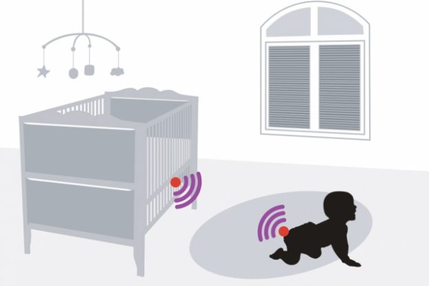 Drawing of baby in nursery with wifi symbols on crib and baby's diaper