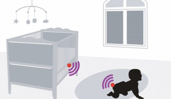 Graphic of infant in crib with wifi symbol emitting from diaper and wifi symbol on crib