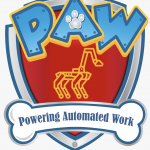 Logo with an illustration of a robot dog and text "PAW - Powering Automated Work"