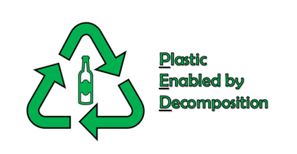 Logo featuring the recycling arrow triangle and the text "Plastic Enabled by Decomposition"