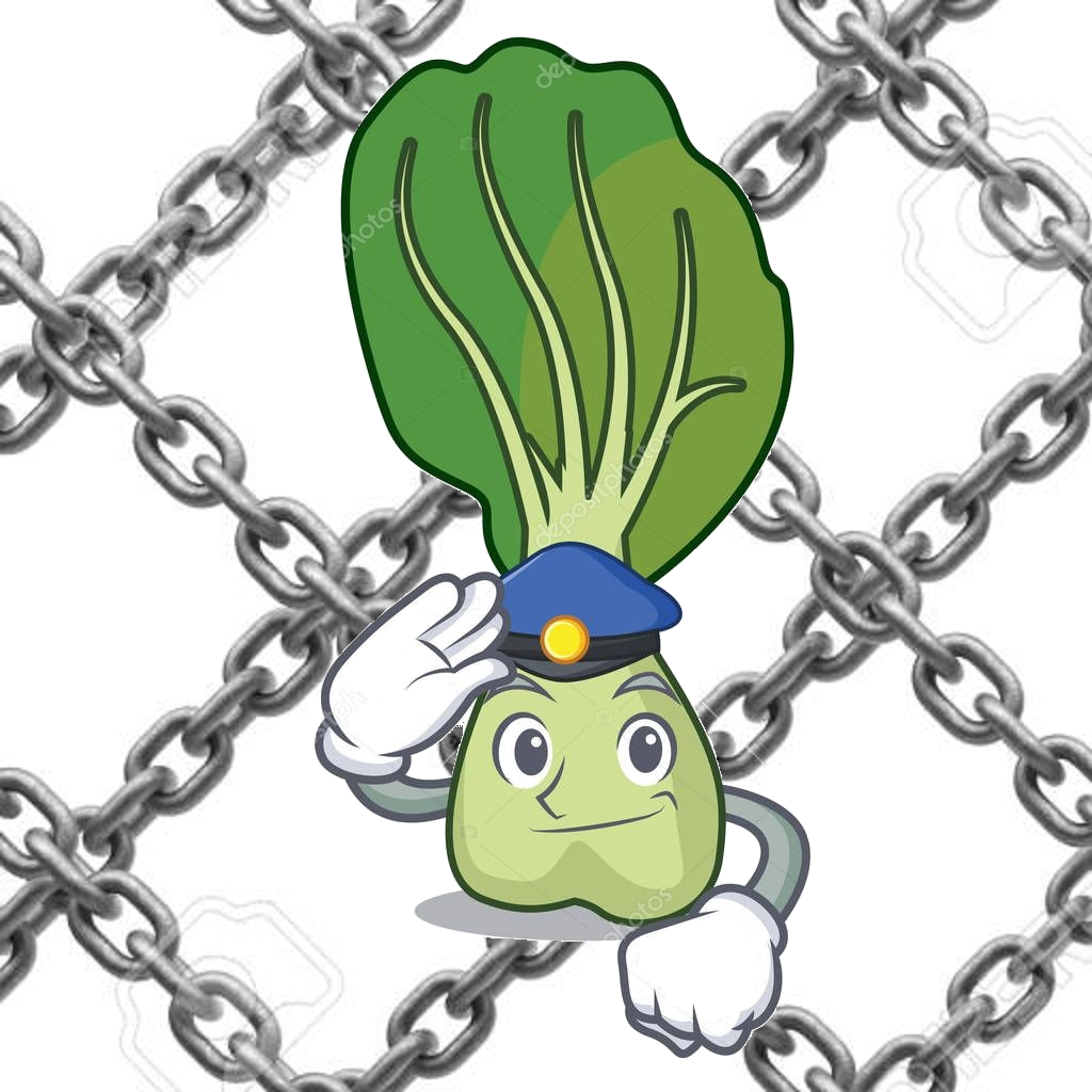 A cartoon leaf of bok choy wearing a police officer's hat and saluting, with a background of crossing chains