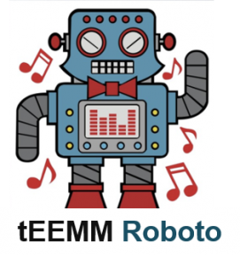 A cartoon robot surrounded by musical notes with text "tEEMM Roboto"