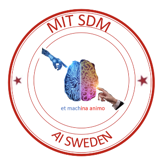 Logo with illustration of a brain and hands pointing at either side and the text "MIT SDM - AI SWEDEN"
