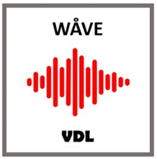 Logo featuring the text WÅVE - VDL and an image of many vertical red lines of varying size