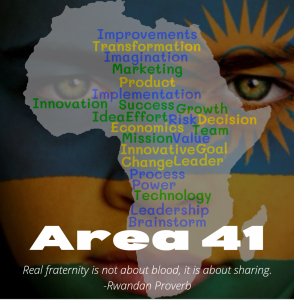 An outline of the continent of Africa filled with many words related to innovation and transformation, superimposed over a person's face painted with the Rwandan flag
