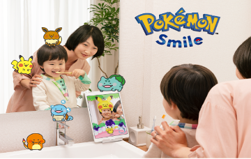 A child brushing their teeth while looking into a mirror with a woman standing behind them. Several small simplified Pokemon are pasted into the image. The Pokemon Smile logo appears on a corner of the image.