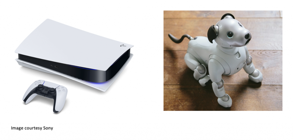 Two images. Left: a Sony gaming console with controller. Right: a robotic Aibo dog sitting on a wood floor. At the bottom of both images is the text "Image courtesy Sony."