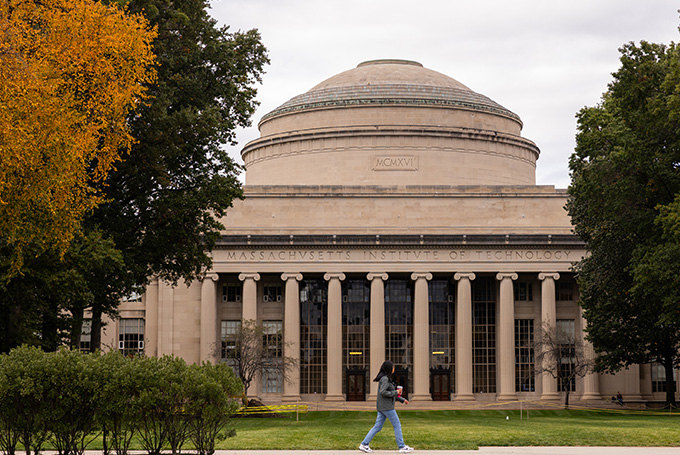The MIT Dome, with a single person crossing in front.