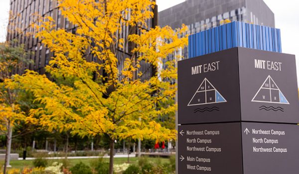 A tree with yellow fall foliage behind a wayfinding sign on the MIT campus.